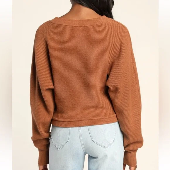 Lulus Fireside Flirt Rust Brown Ribbed Cropped Pullover Sweater size small - Picture 2 of 10